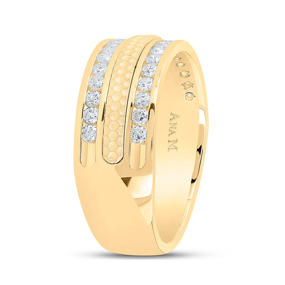 14k Yellow Gold Mens Round Diamond Wedding Hammered Band Ring 3/4 Cttw