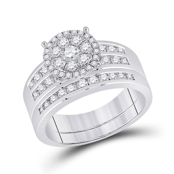 14k White Gold His Hers Round Diamond Cluster Matching Wedding Set 1-7/8 Cttw