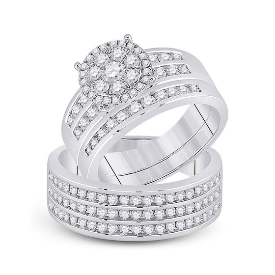 14k White Gold His Hers Round Diamond Cluster Matching Wedding Set 1-7/8 Cttw