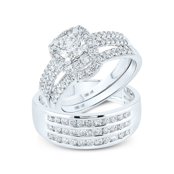 14k White Gold His Hers Round Diamond Halo Matching Wedding Set 2 Cttw