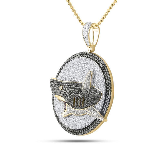 14k Yellow Gold Mens Round Black Color Enhanced Diamond Shark Pendant 4-7/8 Cttw