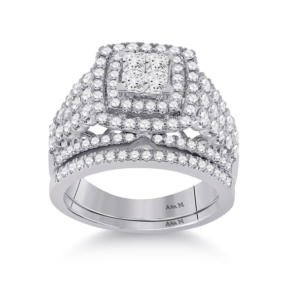 14k White Gold Princess Diamond Bridal Wedding Ring Band Set 1-3/4 Cttw