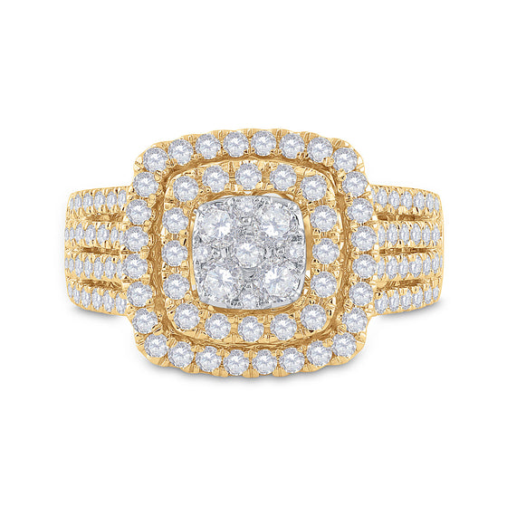 14k Yellow Gold Womens Round Diamond Square Cluster Ring 1-1/2 Cttw