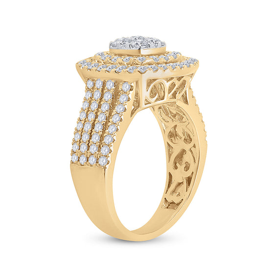 14k Yellow Gold Womens Round Diamond Square Cluster Ring 1-1/2 Cttw