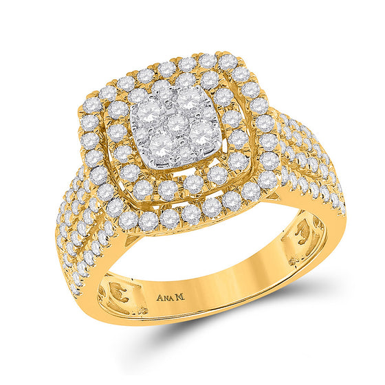 14k Yellow Gold Womens Round Diamond Square Cluster Ring 1-1/2 Cttw