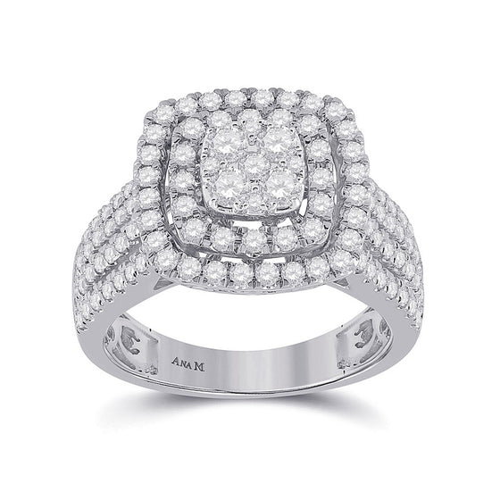 14k White Gold Womens Round Diamond Square Cluster Ring 1-1/2 Cttw