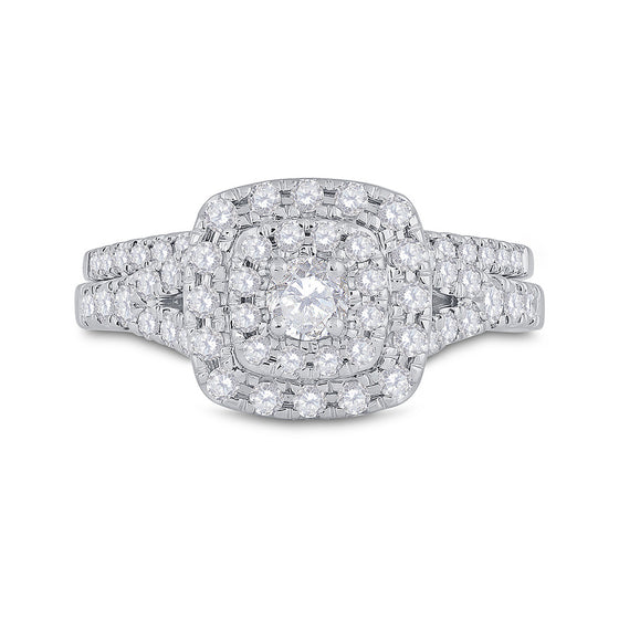14k White Gold Round Diamond Halo Bridal Wedding Ring Band Set 1 Cttw