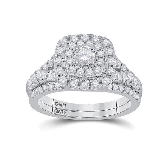 14k White Gold Round Diamond Halo Bridal Wedding Ring Band Set 1 Cttw
