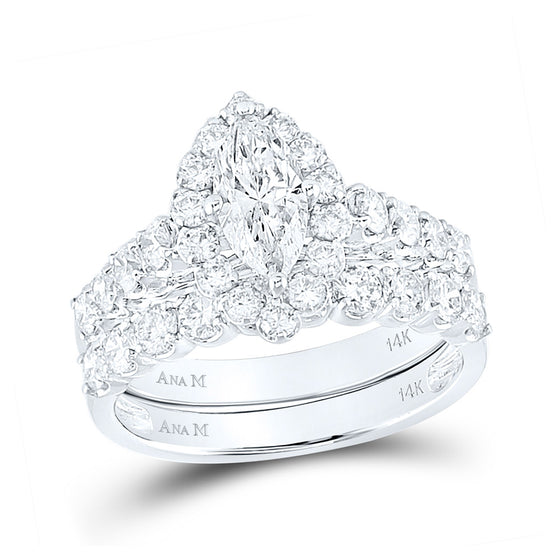 14k White Gold Marquise Diamond Bridal Wedding Ring Band Set 2 Cttw