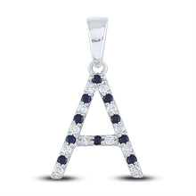  10k White Gold Womens Round Blue Sapphire Diamond Initial A Letter Pendant 1/5 Cttw
