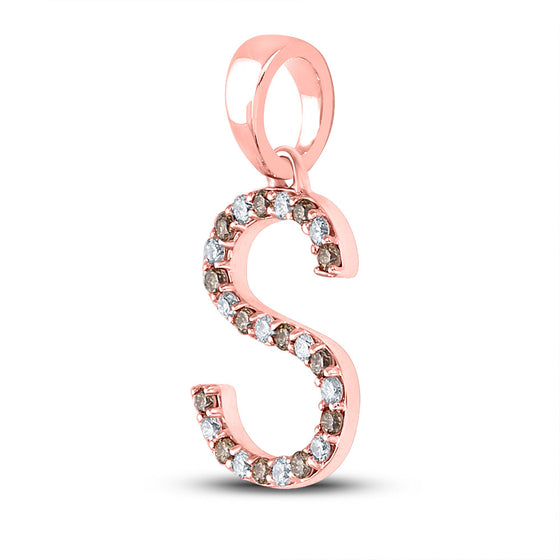 10k Rose Gold Womens Round Brown Diamond Initial S Letter Pendant 1/5 Cttw