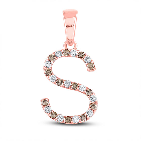 10k Rose Gold Womens Round Brown Diamond Initial S Letter Pendant 1/5 Cttw