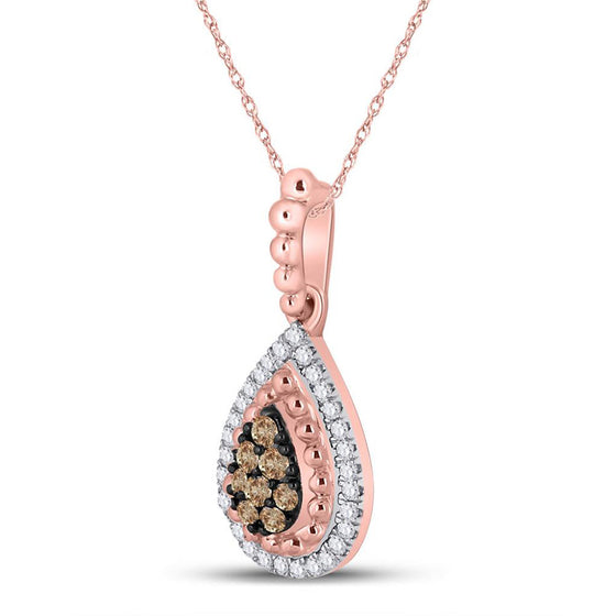 10k Rose Gold Womens Round Brown Diamond Teardrop Pendant 1/4 Cttw