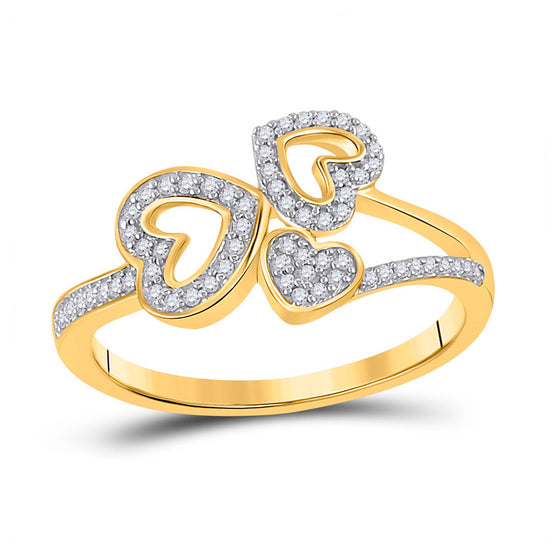 10k Yellow Gold Womens Round Diamond Triple Heart Ring 1/6 Cttw