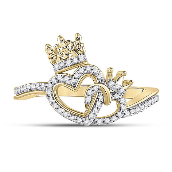 10k Yellow Gold Womens Round Diamond King Queen Heart Ring 1/6 Cttw