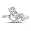 10k White Gold Womens Round Diamond King Queen Heart Ring 1/6 Cttw