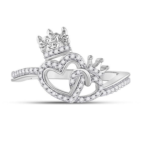 10k White Gold Womens Round Diamond King Queen Heart Ring 1/6 Cttw