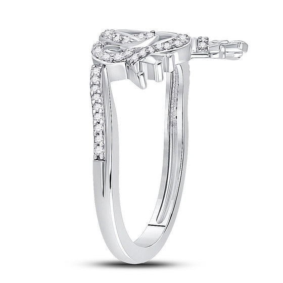 10k White Gold Womens Round Diamond King Queen Heart Ring 1/6 Cttw