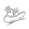 10k White Gold Womens Round Diamond King Queen Heart Ring 1/6 Cttw
