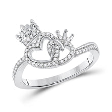  10k White Gold Womens Round Diamond King Queen Heart Ring 1/6 Cttw