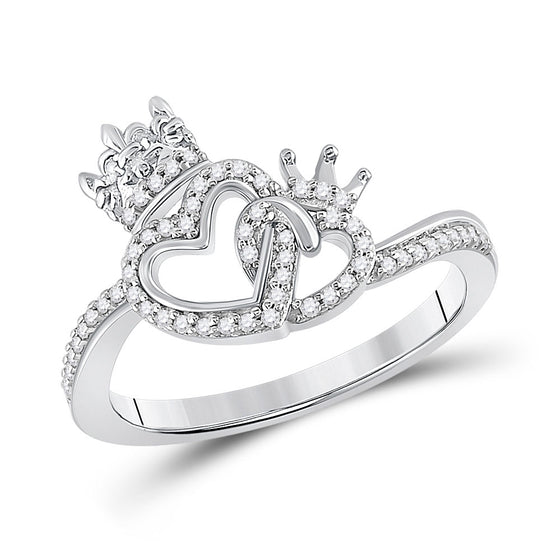 10k White Gold Womens Round Diamond King Queen Heart Ring 1/6 Cttw