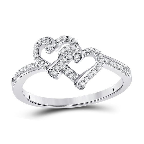 10k White Gold Womens Round Diamond Double Heart Ring 1/8 Cttw