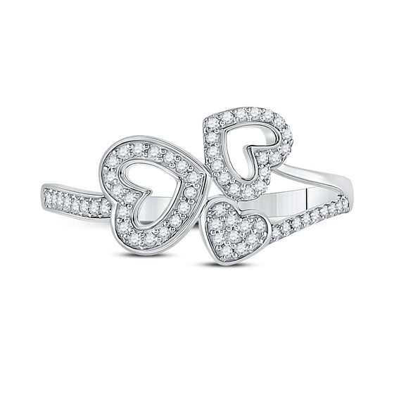 10k White Gold Womens Round Diamond Triple Heart Ring 1/6 Cttw
