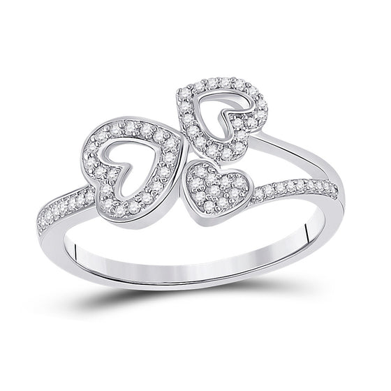 10k White Gold Womens Round Diamond Triple Heart Ring 1/6 Cttw