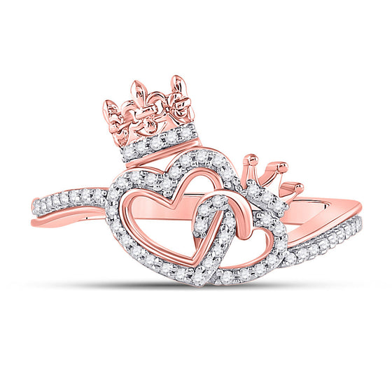 10k Rose Gold Womens Round Diamond King Queen Heart Ring 1/6 Cttw