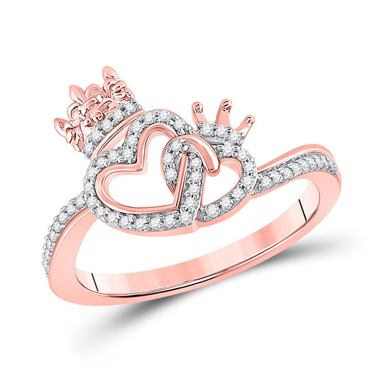 10k Rose Gold Womens Round Diamond King Queen Heart Ring 1/6 Cttw