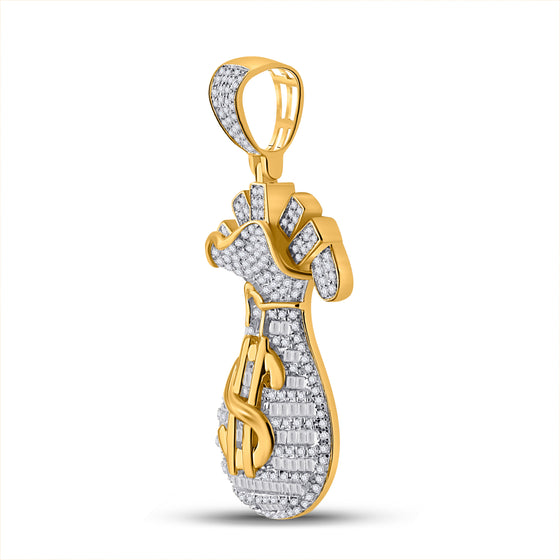 10k Yellow Gold Mens Round Diamond Money Bag Charm Pendant 1-1/4 Cttw