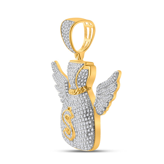 10k Yellow Gold Mens Round Diamond Money Bag Wings Charm Pendant 1-1/2 Cttw