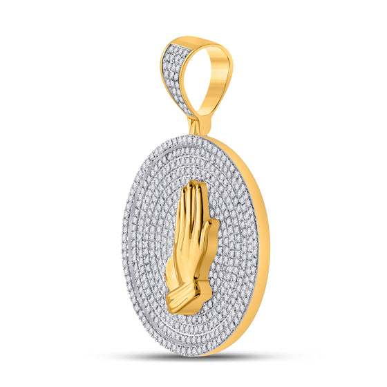 10k Yellow Gold Mens Round Diamond Praying Hands Circle Charm Pendant 1 Cttw