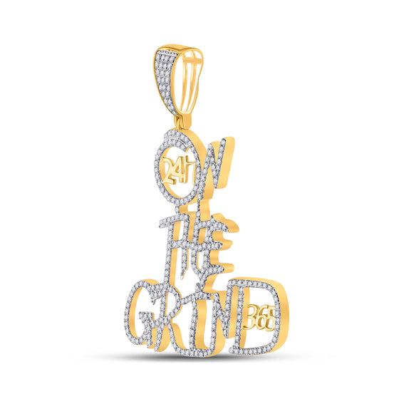 10k Yellow Gold Mens Round Diamond On The Grind Phrase Charm Pendant 3/4 Cttw