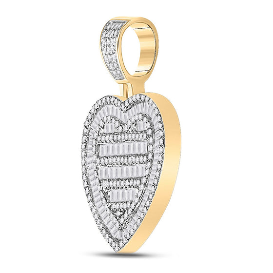 10k Yellow Gold Mens Baguette Diamond Heart Charm Pendant 1-1/3 Cttw
