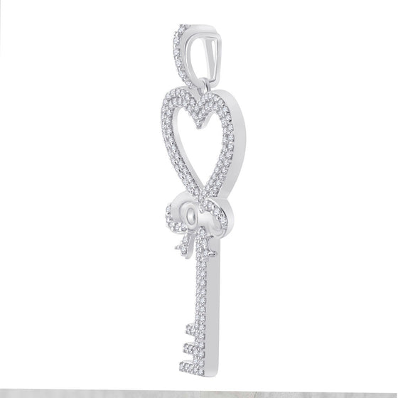 10k White Gold Womens Round Diamond Heart Key Pendant 1/2 Cttw