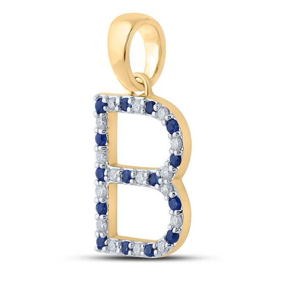 10k Yellow Gold Womens Round Blue Sapphire Diamond B Letter Pendant 1/4 Cttw