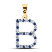  10k Yellow Gold Womens Round Blue Sapphire Diamond B Letter Pendant 1/4 Cttw