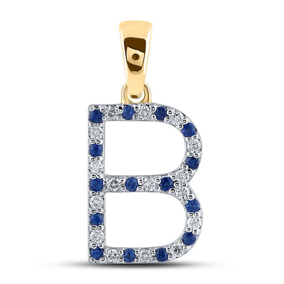10k Yellow Gold Womens Round Blue Sapphire Diamond B Letter Pendant 1/4 Cttw