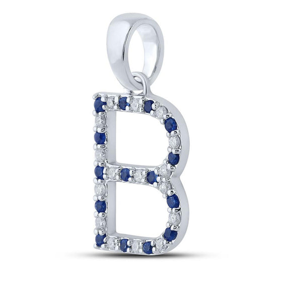 10k White Gold Womens Round Blue Sapphire Diamond B Letter Pendant 1/4 Cttw