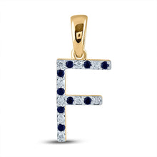  10k Yellow Gold Womens Round Blue Sapphire Diamond F Letter Pendant 1/5 Cttw