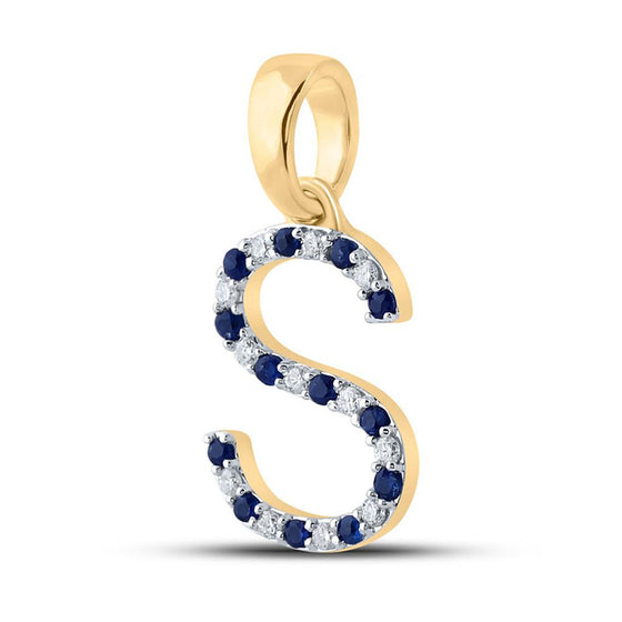 10k Yellow Gold Womens Round Blue Sapphire Diamond S Letter Pendant 1/4 Cttw