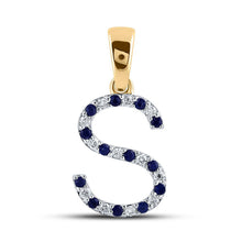  10k Yellow Gold Womens Round Blue Sapphire Diamond S Letter Pendant 1/4 Cttw