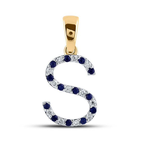 10k Yellow Gold Womens Round Blue Sapphire Diamond S Letter Pendant 1/4 Cttw