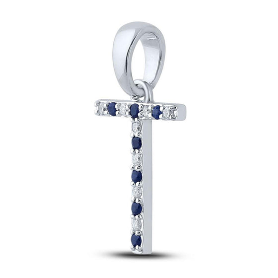10k White Gold Womens Round Blue Sapphire Diamond T Letter Pendant 1/8 Cttw