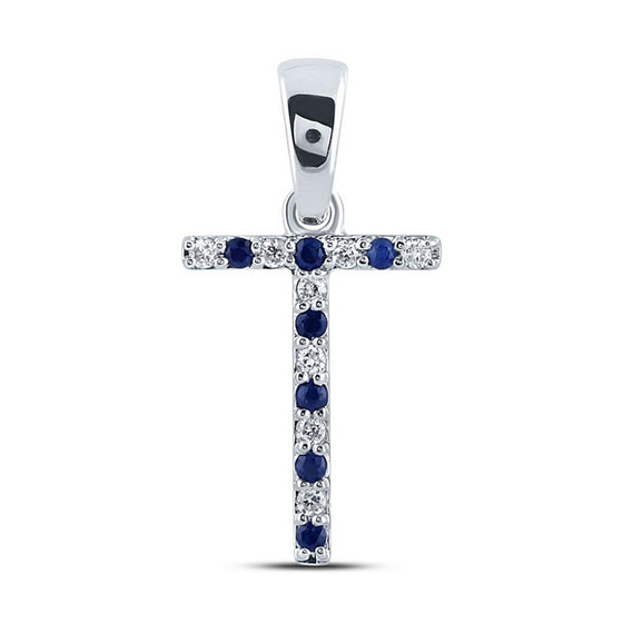 10k White Gold Womens Round Blue Sapphire Diamond T Letter Pendant 1/8 Cttw