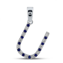  10k White Gold Womens Round Blue Sapphire Diamond U Letter Pendant 1/5 Cttw