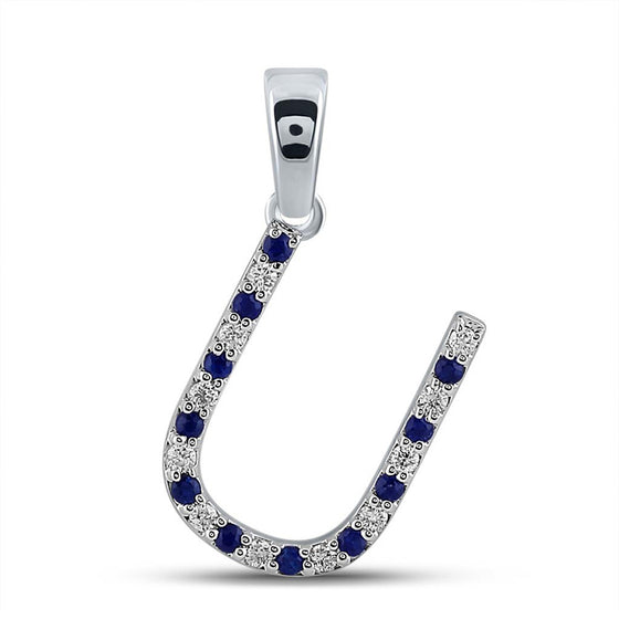 10k White Gold Womens Round Blue Sapphire Diamond U Letter Pendant 1/5 Cttw