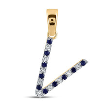  10k Yellow Gold Womens Round Blue Sapphire Diamond V Letter Pendant 1/6 Cttw