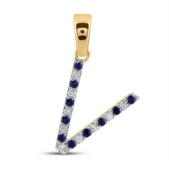 10k Yellow Gold Womens Round Blue Sapphire Diamond V Letter Pendant 1/6 Cttw